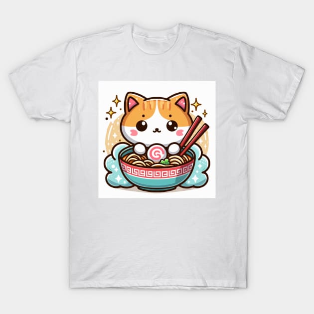Cute little Neko Cat Eating Ramen Noodle T-Shirt by Pokoyo.mans@gmail.com